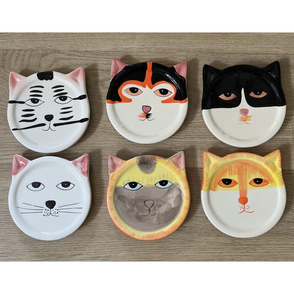 Kitty Cat Ceramic Coasters Decor 4" Bandwgon Inc. 2001 Set of 6 Handpainted VTG